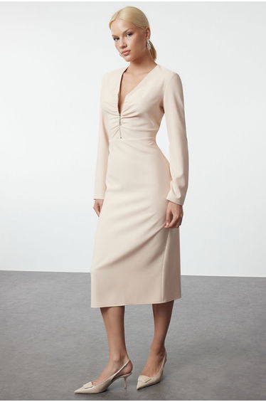 Stone Body-hugging Zipper Detailed Midi Woven Dress