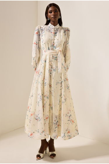 Hélène Floral Rhinestone Midi Dress in Beige