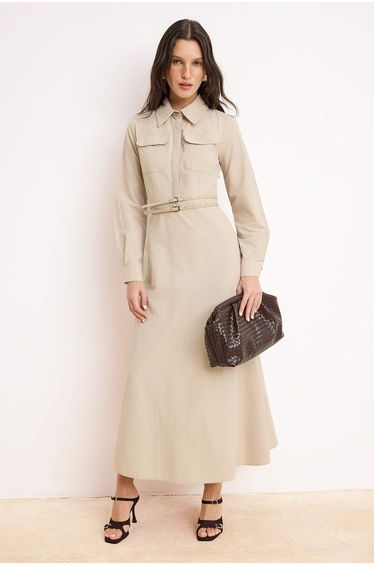 Beige Belted Unlined Plain Woven Terrycotton Hijab Dress