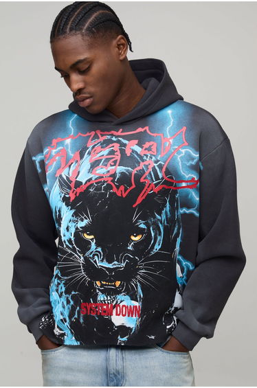 Oversized Boxy Washed Panther Over Seam Graphic Hoodie - charcoal