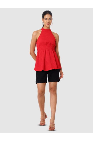 Women Red Halter Neck Textured Top