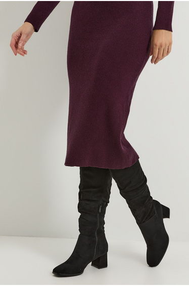 Carla Faux Suede Ruche Medium Block Heel Knee Boots