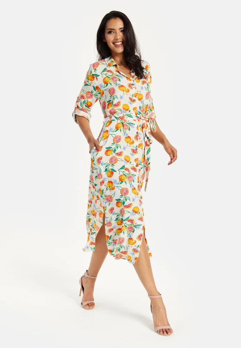 Women’s Midi Dress, Fruit Print, Button-Through Design, Elegant Tie Waist, Roll-Up Sleeves, Lightweight Viscose - 4