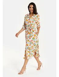 Women’s Midi Dress, Fruit Print, Button-Through Design, Elegant Tie Waist, Roll-Up Sleeves, Lightweight Viscose