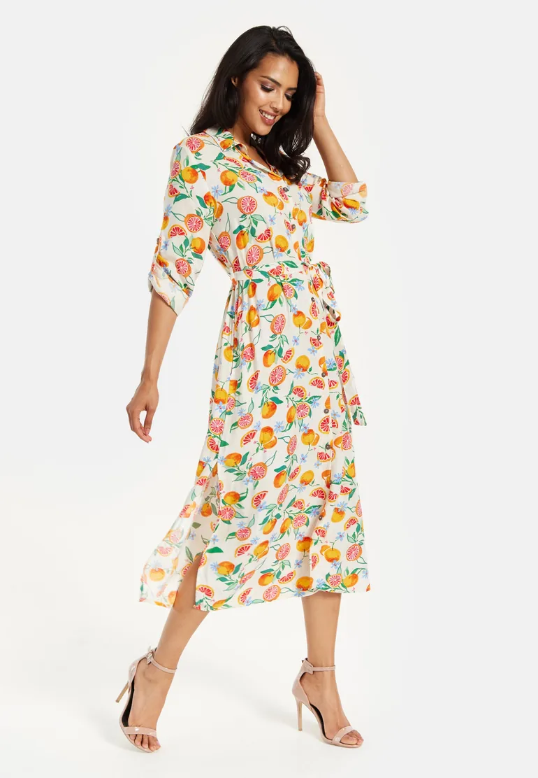 Women’s Midi Dress, Fruit Print, Button-Through Design, Elegant Tie Waist, Roll-Up Sleeves, Lightweight Viscose - 6
