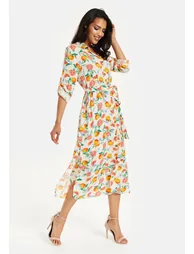 Women’s Midi Dress, Fruit Print, Button-Through Design, Elegant Tie Waist, Roll-Up Sleeves, Lightweight Viscose - 6