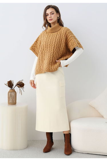 Fake Pocket Stylish Tie-Waist Knit Skirt in Cream