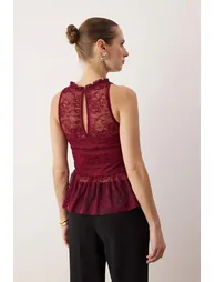 Dark Burgundy Plain Halter Neck Sleeveless Knitted Lace Party Blouse - 3