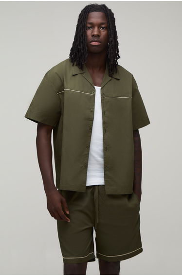 Cotton Poplin Piping Detail Oversized Shirt & Relaxed Short Set - olive