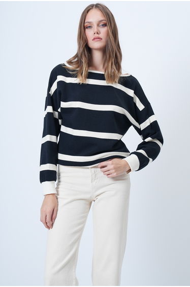Women's navy blue ecru boat neck regular fit striped blouse