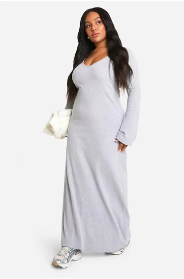 Plus Basic Rib Flare Sleeve V Neck Dress - grey marl