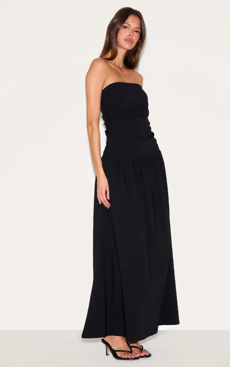 Black Stretch Woven Bandeau Ruched Maxi Dress Prettylittlething Black :  Evening Dresses : VogaCloset Iraq