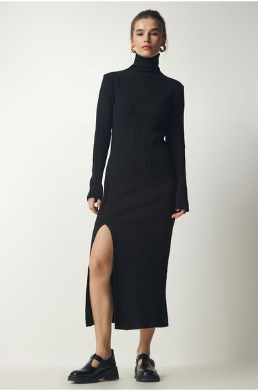 Women's Black Stand-Up Collar Slit Sweater Dress