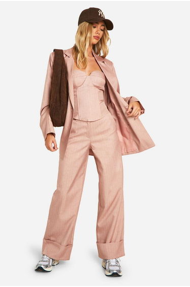 Premium Pinstripe Turn Cuff Wide Leg Trousers