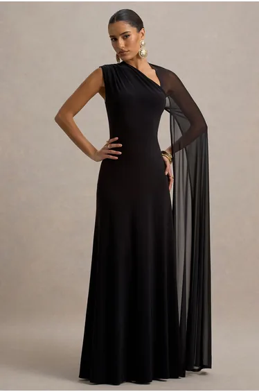 Selena | Black High-Neck Maxi Dress With Cut-Out And Cape Sleeve Detail