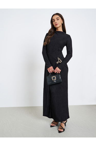 Textured Maxi Dress with Buckle Waist Detail