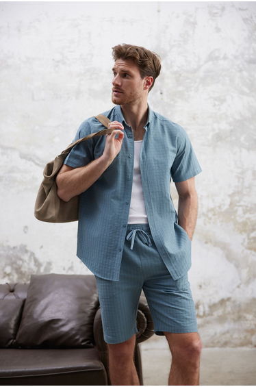 Petrol Regular Fit Checkered Textured Short Sleeve Shirt