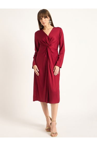 Solid V-Neck Front Twist Detail Midi Dress