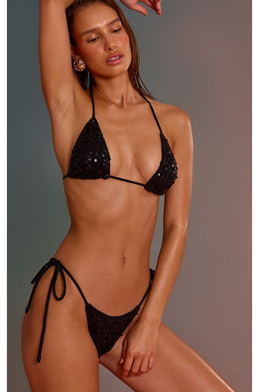 Black Sequin Knit Tie Side Bikini Bottoms