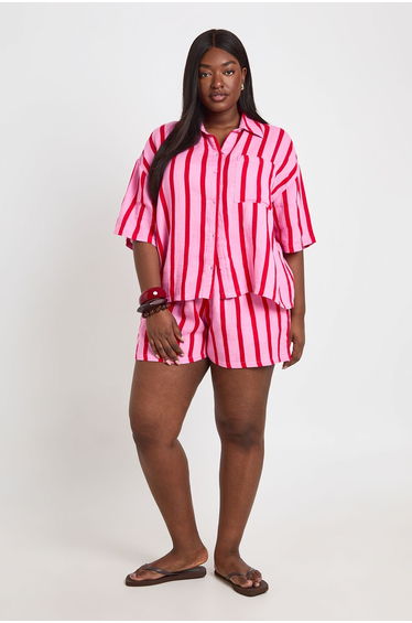 Plus Stripe Cheesecloth Beach Shirt - pink