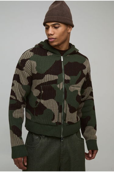 Boxy Fit Ribbed Camo Jacquard Knitted Zip Through Hoodie - camo