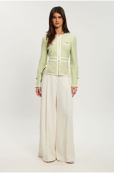 Petite Figure Form Bandage Military Contrast Piping Knit Split Hem Jacket
