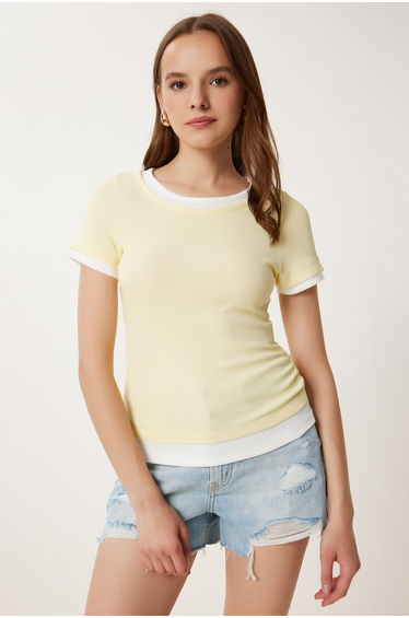 Women's Yellow Contrast Color Gathered Ribbed Knitted Blouse