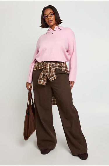 Plus Collar Detail Long Sleeve Top - baby pink