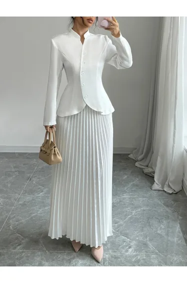 Stand Collar Button Front Blazer and Pleated Skirt Co-Ords