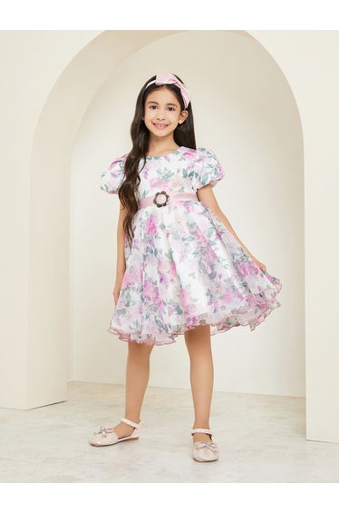 Girls Floral Printed Puff Sleeve Dress with Bow Headband