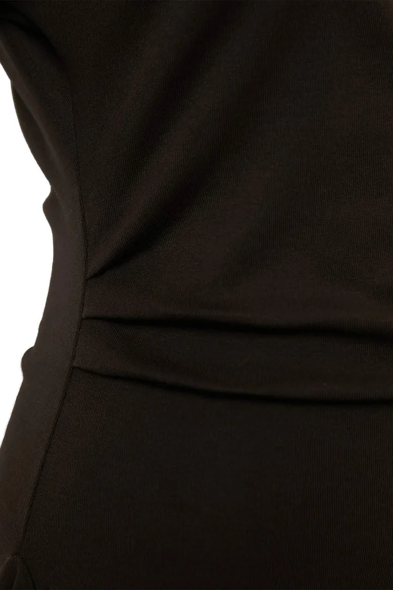 Brown Fitted/Fitted Short Sleeve Gathered Long Cotton Stretch Knitted T-Shirt - 5
