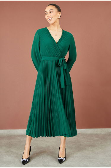 Yumi Green Pleated Wrap Midi Dress