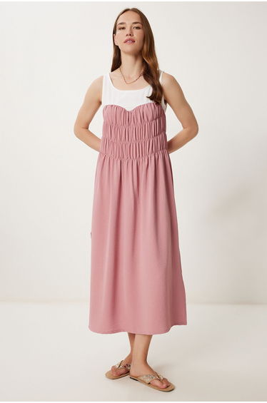 Women's Dusty Rose Contrast Color Flounced Midi Ayrobin Dress
