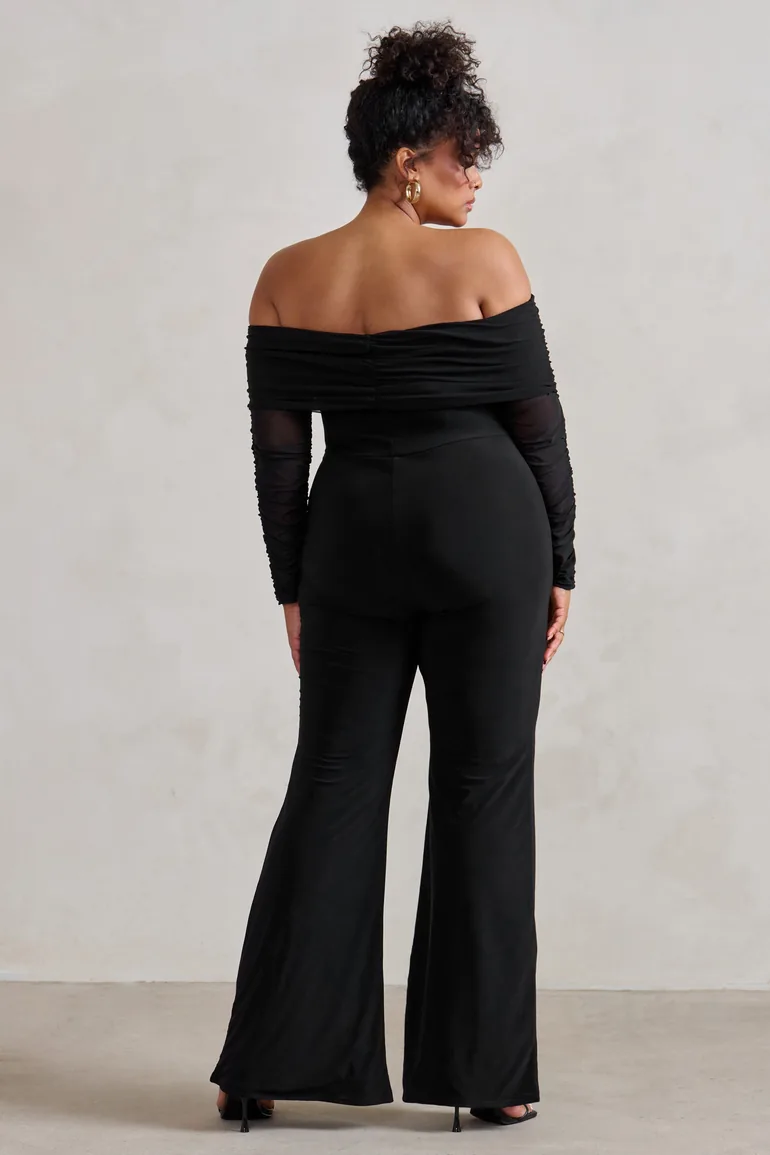 Whisper | Plus Black Ruched Mesh Bardot Jumpsuit - 2