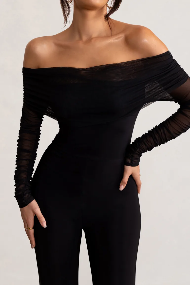 Whisper | Plus Black Ruched Mesh Bardot Jumpsuit - 1