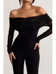 Whisper | Plus Black Ruched Mesh Bardot Jumpsuit - 1