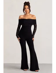Whisper | Plus Black Ruched Mesh Bardot Jumpsuit