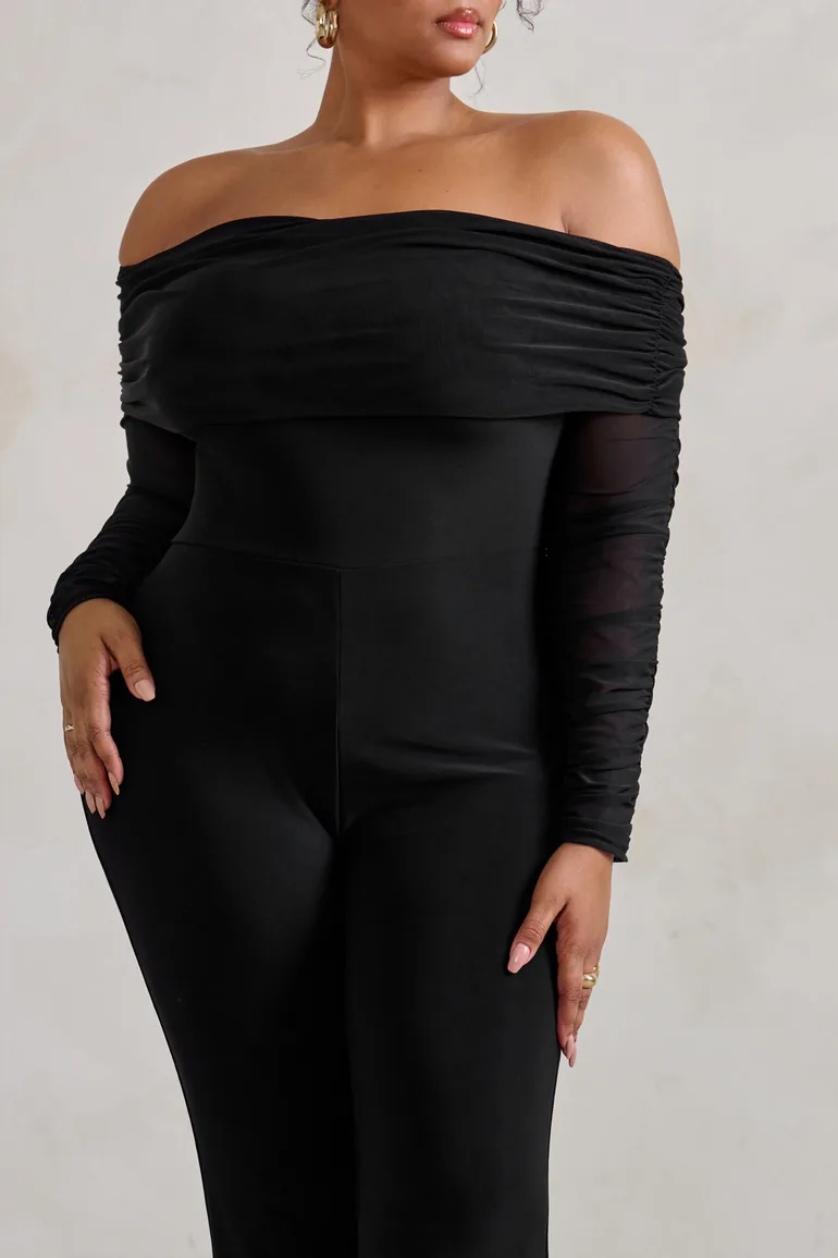 Whisper | Plus Black Ruched Mesh Bardot Jumpsuit - 3