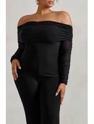 Whisper | Plus Black Ruched Mesh Bardot Jumpsuit - 3