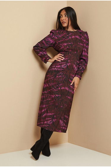Petite Printed Button Shoulder Midi Dress