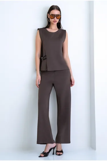 Women's Brown Crew Neck Leather Buckle Sleeveless Blouse and Pocket Palazzo Pants Set