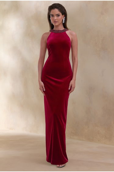 Darya | Burgundy Velvet Embellished High-Neck Maxi Dress