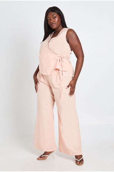 Plus Linen Boxy Wrap Over Waistcoat And Wide Leg Trouser - apricot