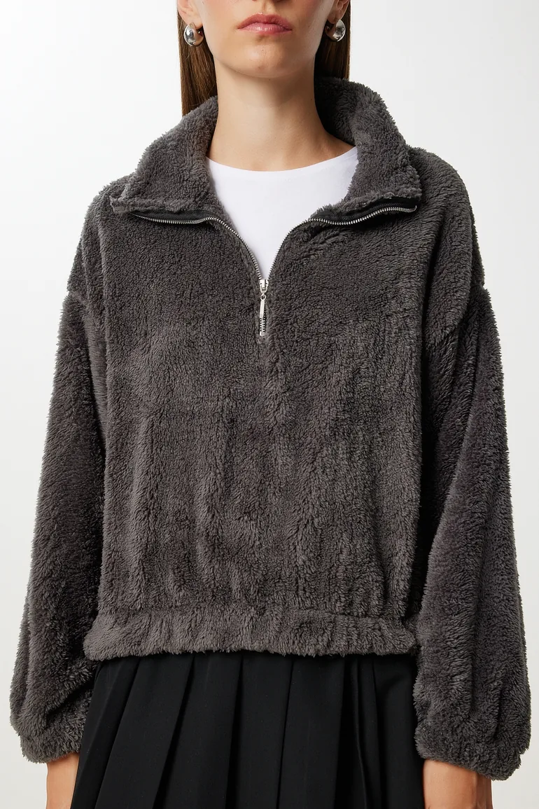 Women's Anthracite Zippered Plush Sweatshirt - 3