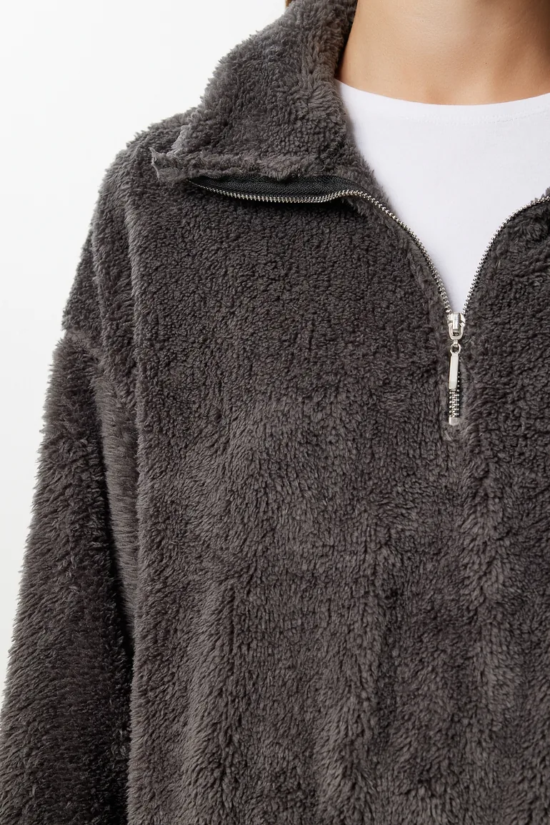 Women's Anthracite Zippered Plush Sweatshirt - 4