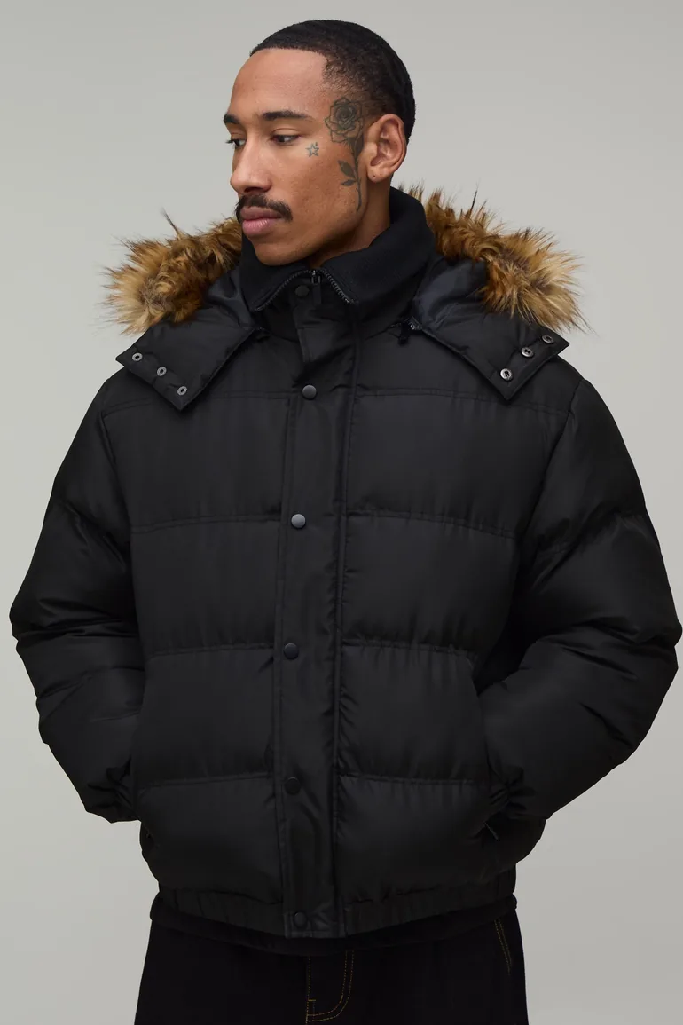 Regular Fit Faux Fur Trim Hooded Rib Puffer - black