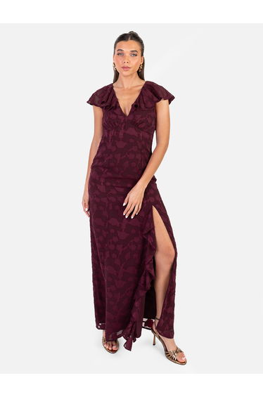 Anaya With Love Recycled Maroon Floral Burnout Maxi Dress with Ruffle Detail