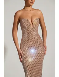 Embellished Plunge Gown in Almond - 2