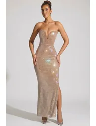Embellished Plunge Gown in Almond