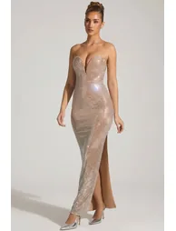 Embellished Plunge Gown in Almond - 3